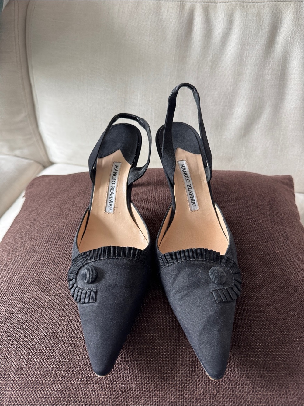 Manolo Blahnik Black Pointed Pleated Slingback Pumps